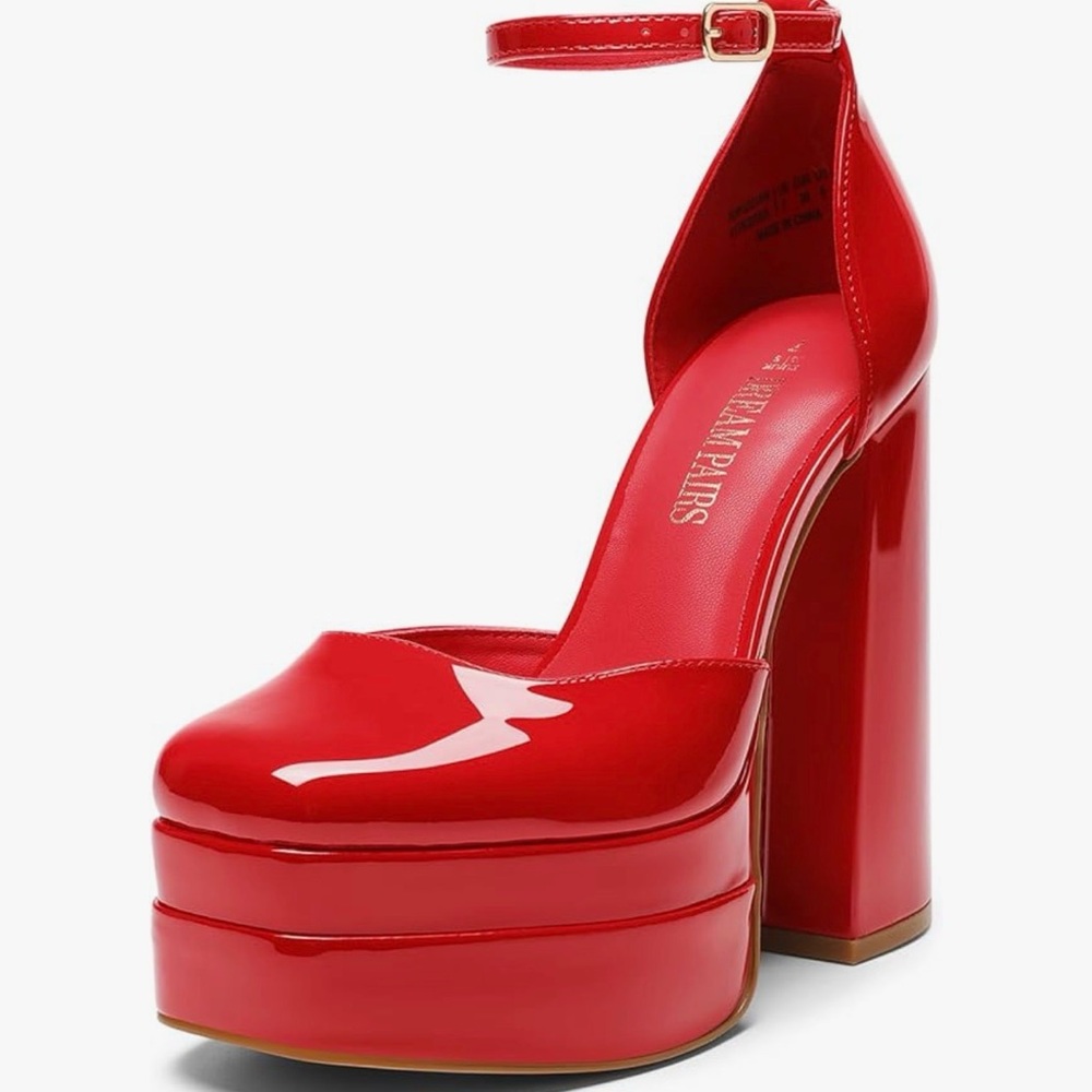 Dream Pairs Red Patent Platform Ankle-Strap Block Heels